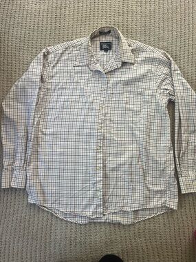 Burberry Men's White Shirt with Navy and Light Brown Windowpane